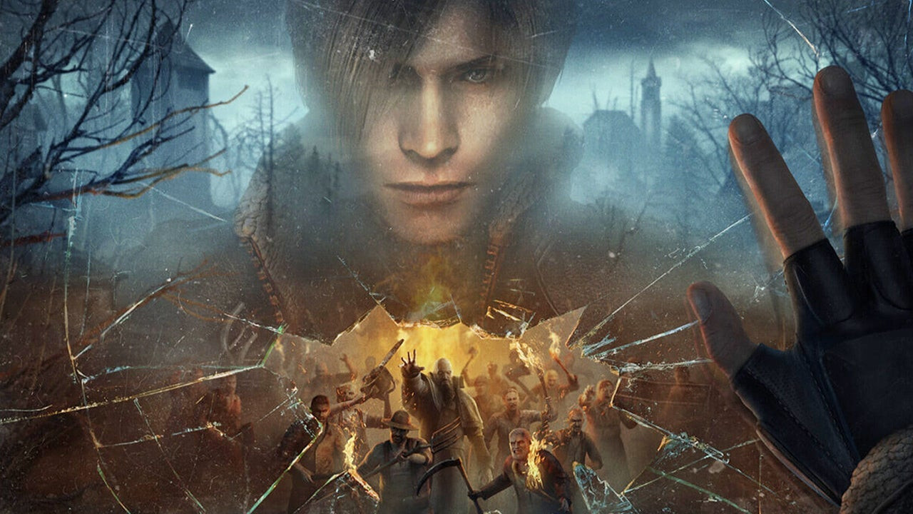 Leon touching broken glass with angry villagers through it
