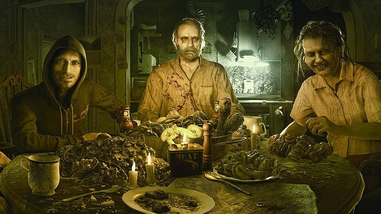 A creepy family at a disgusting dinner table