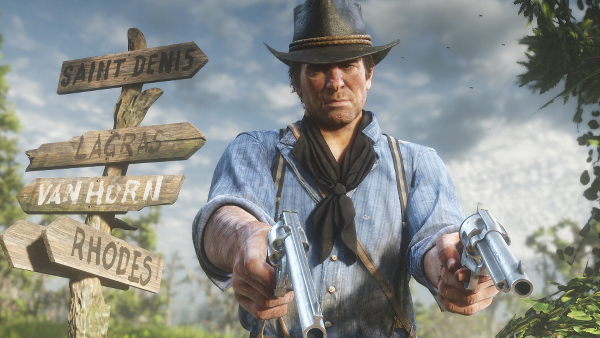 Arthur Morgan, the main character from Red Dead Redemption 2, holding out two guns. One of the best single-player experiences in gaming on the Steam Deck