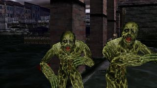 Two green zombies walking forward during The House Of The Dead 2, one of the best Dreamcast games.