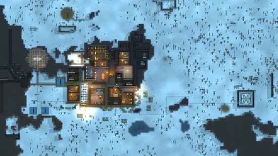 Best management games: an overhead view of a town in the snow in Rimworld.