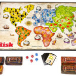 Risk board game setup with various colored armies and dice, illustrating strategic territory placement and combat