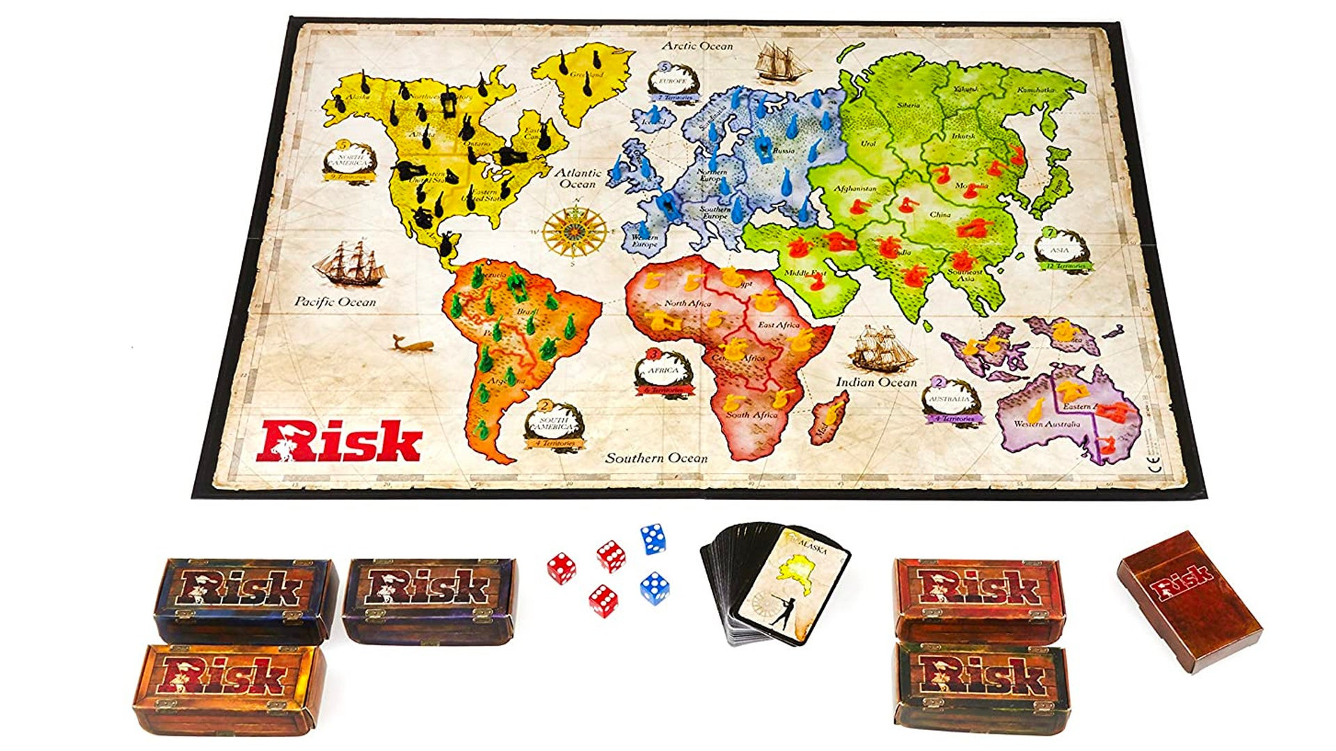 Risk board game setup with various colored armies and dice, illustrating strategic territory placement and combat