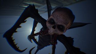 Dark Fracture screenshot of a skull with spiny spider legs and an insectoid body leaping on the camera