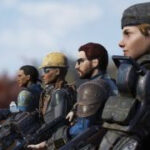 Players holding guns during Fallout 76, showcasing multiplayer gameplay and action in the post-apocalyptic world.