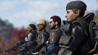 Players holding guns during Fallout 76, showcasing multiplayer gameplay and action in the post-apocalyptic world.