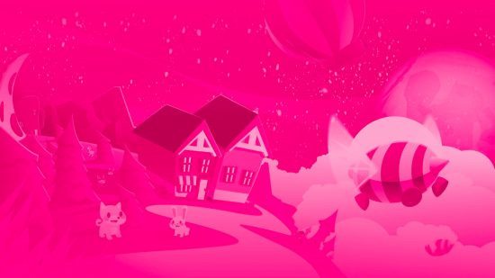 Adopt Me Pink World Alt Text: Best Roblox games: The pink world of Adopt Me, showcasing a character with pets in a colorful environment