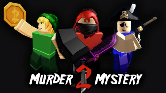 Murder Mystery 2 Alt Text: Best Roblox games: Three characters take part in a Murder Mystery 2 game, showcasing the various roles