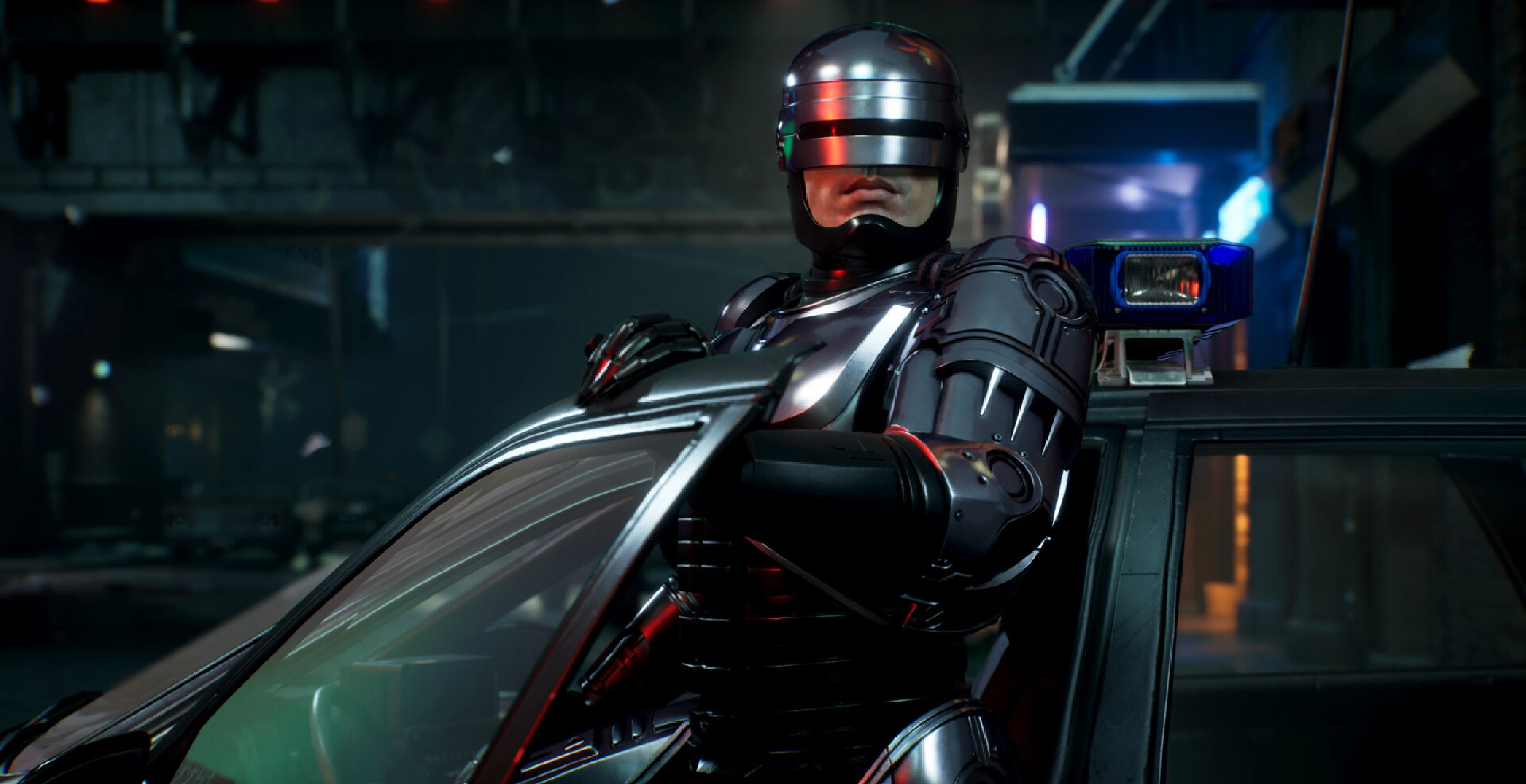 Robocop stepping outside of a car in Robocop Rogue City