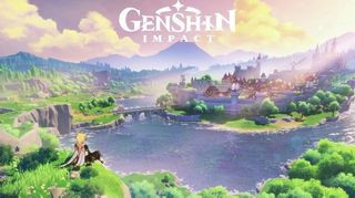 Genshin Impact logo on background of the in-game world