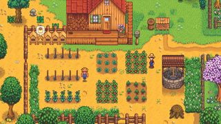 A screenshot of a farm during Spring in Stardew Valley.