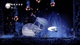 The Knight battling an enemy in Hollow Knight