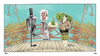 A Raven Monologue screenshot showing a raven in a top hat with a monacle talking to a man holding a green shrub over his shoulder, set against a charming and colorful background