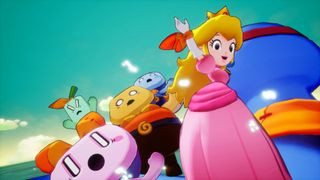 Princess Peach posing confidently in Mario &amp; Luigi: Brothership, highlighting the vibrant art style and characters of the game
