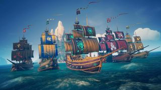 Sea of Thieves screenshot of rare emissary ships with black, yellow, blue, and red flags, sailing alongside each other.