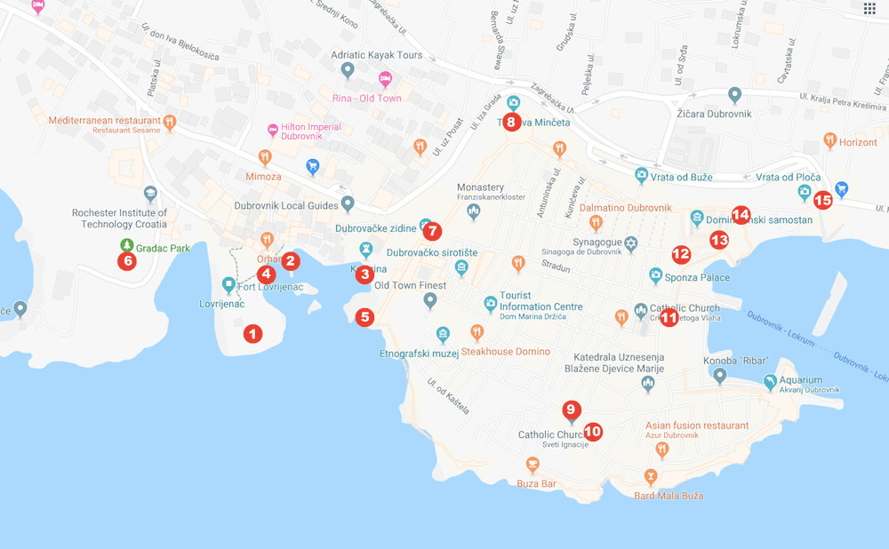 Map of all the Game of Thrones filming locations in Dubrovnik. Dubrovnik Game of Thrones map.