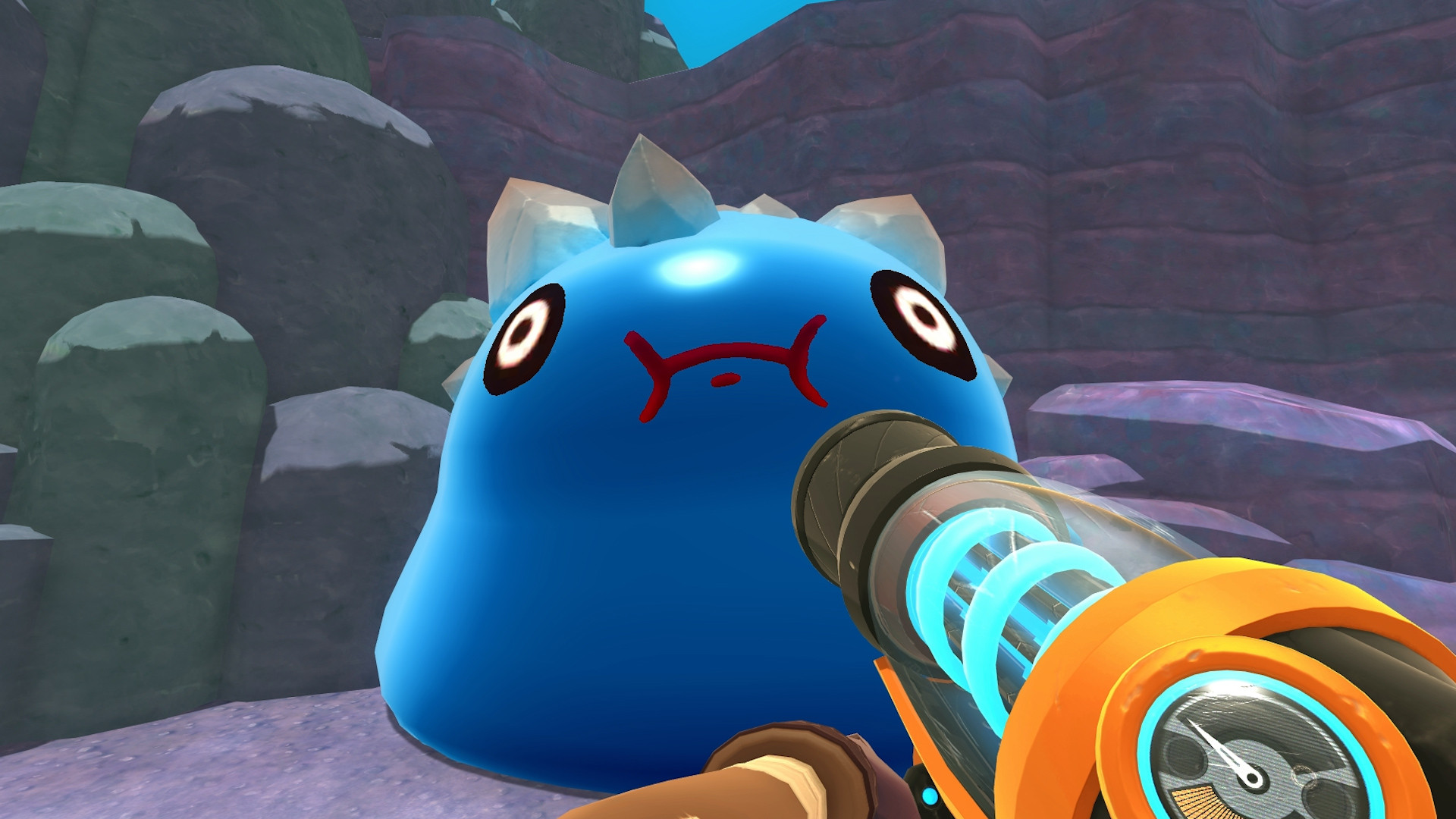 A slime with a gun pointed at it