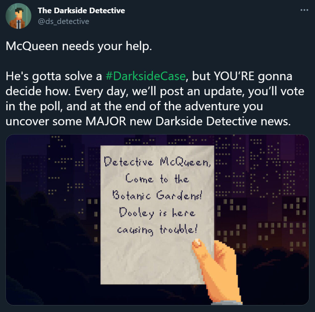 Screenshot from The Darkside Detective game showing a character and dialogue box