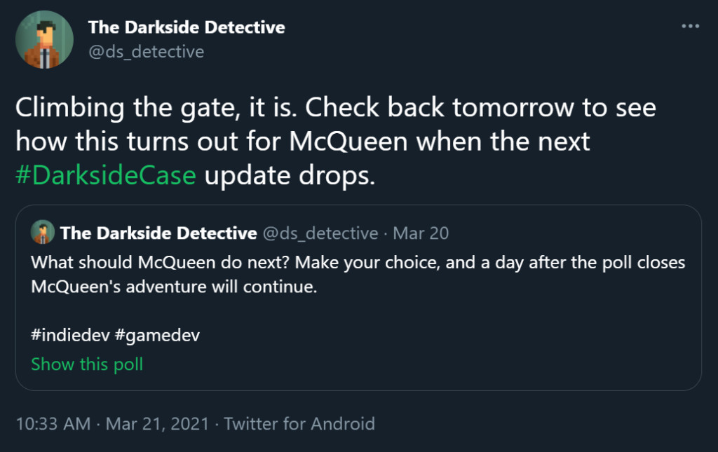 Screenshot from The Darkside Detective game showing a character speaking with a text box