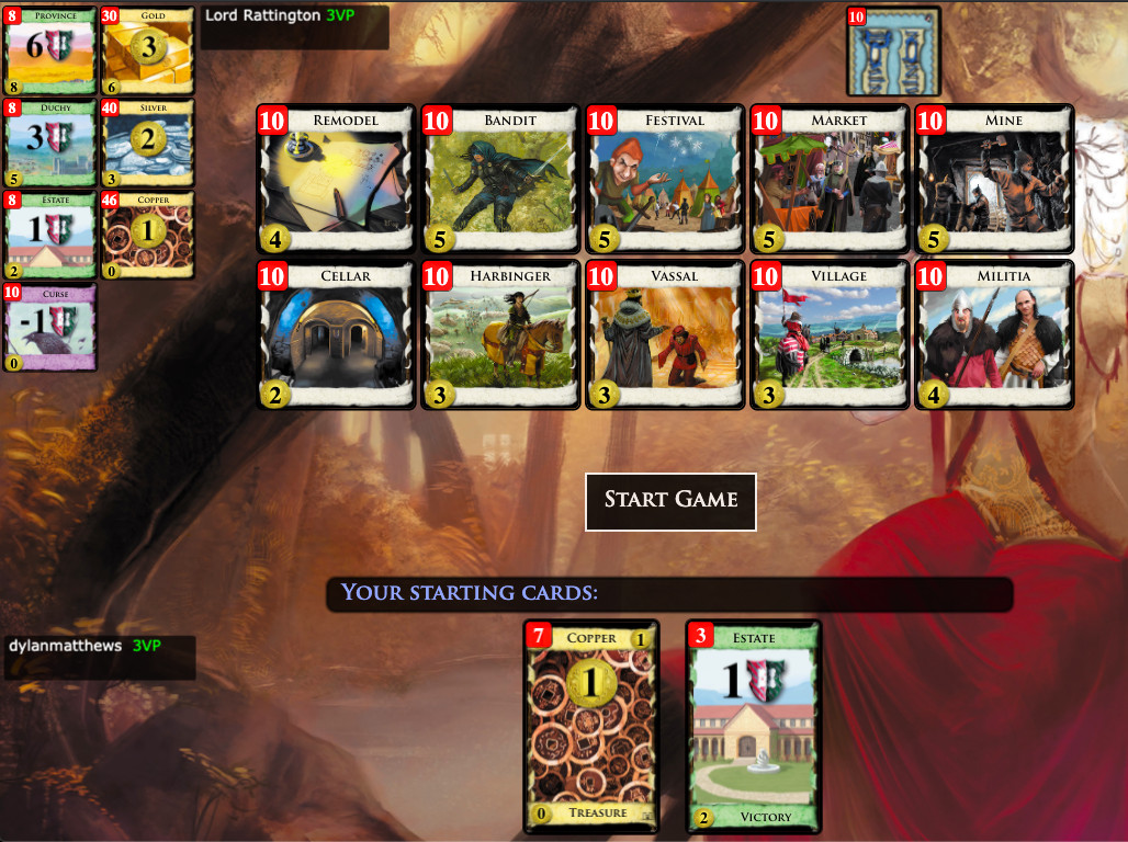The beginning of a typical game of Dominion Online.