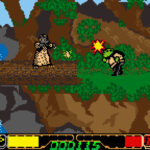 Shrek on the left, fighting the Big Bad Wolf, with simple platformer-style stages