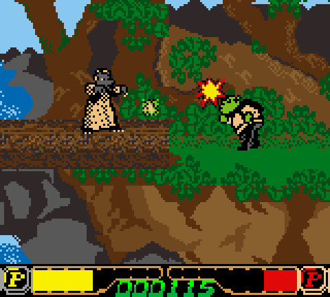 Shrek on the left, fighting the Big Bad Wolf, with simple platformer-style stages