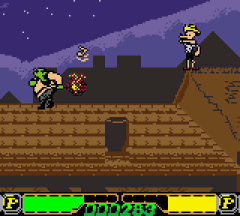 Screenshot of Shrek: Fairytale Freakdown, with Shrek waving his arse around after defeating the Big Bad Wolf