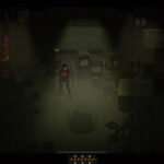 Signalis review - a dark, greenish-hued room with knocked over chairs and a black hole in the middle of the floor