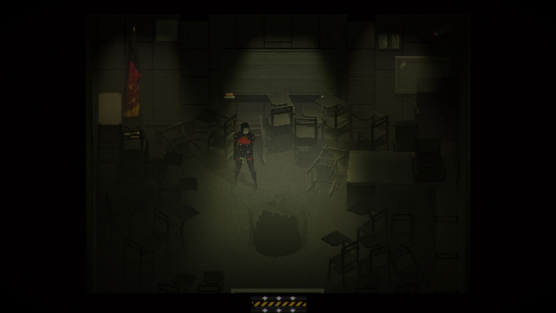 Signalis review - a dark, greenish-hued room with knocked over chairs and a black hole in the middle of the floor