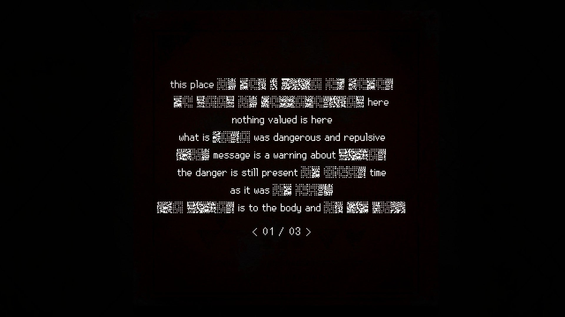 Signalis review - a black screen with white text, mostly redacted, hinting at things that are 