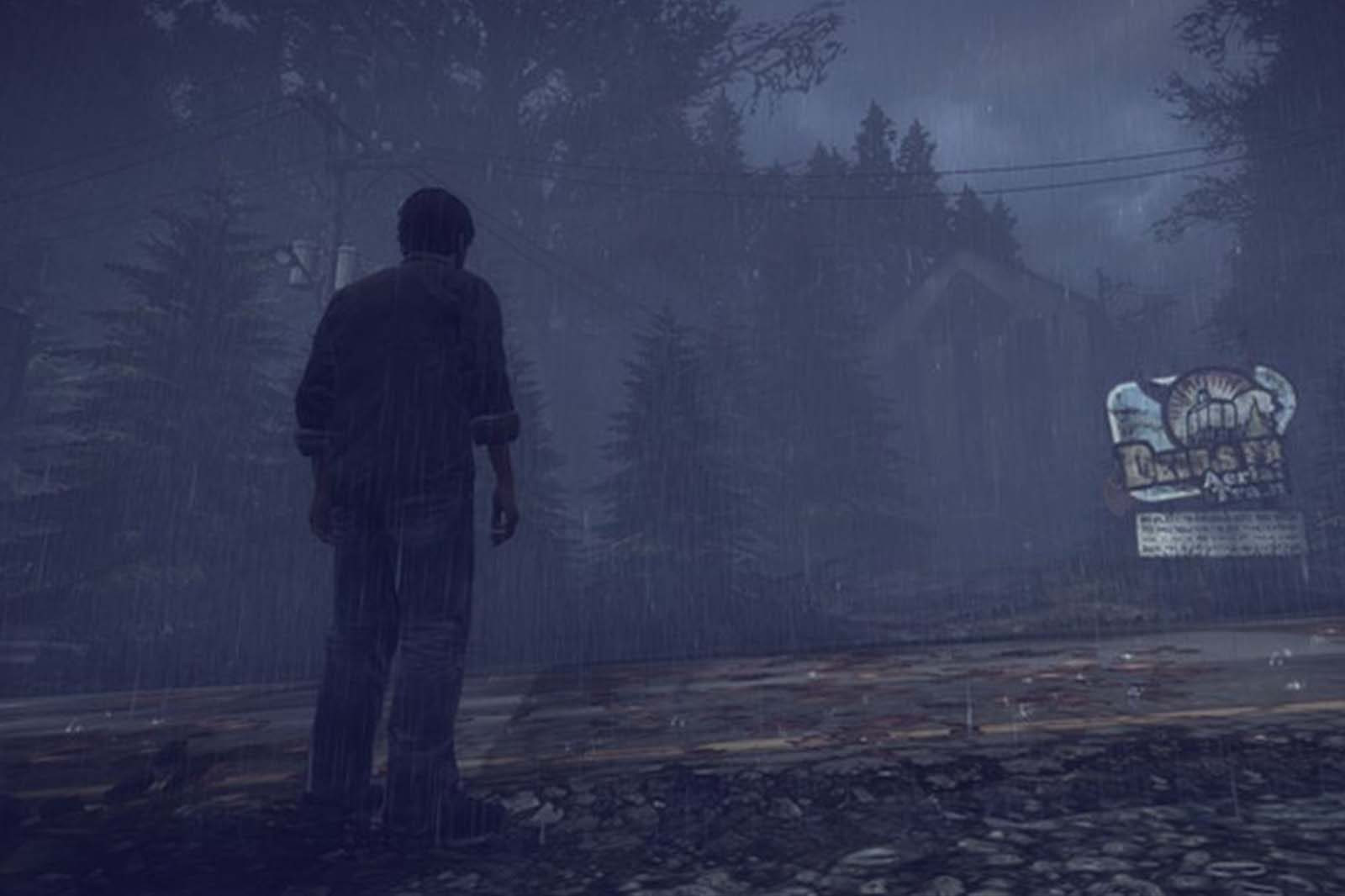 Silent Hill Downpour features a character standing in front of a signpost with a house in the background