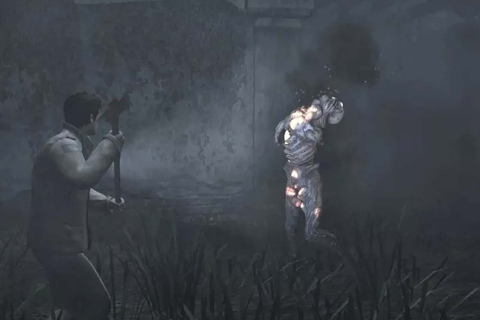 Silent Hill Homecoming shows a player standing near a monster in the darkness