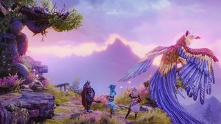Three adventurers standing on a cliffside next to a bird in Trine 4