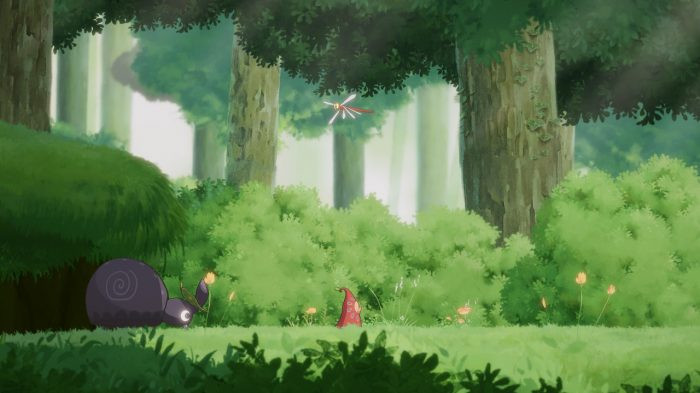 A player stands near a giant snail surrounded by lush trees and an insect with long, slender wings.