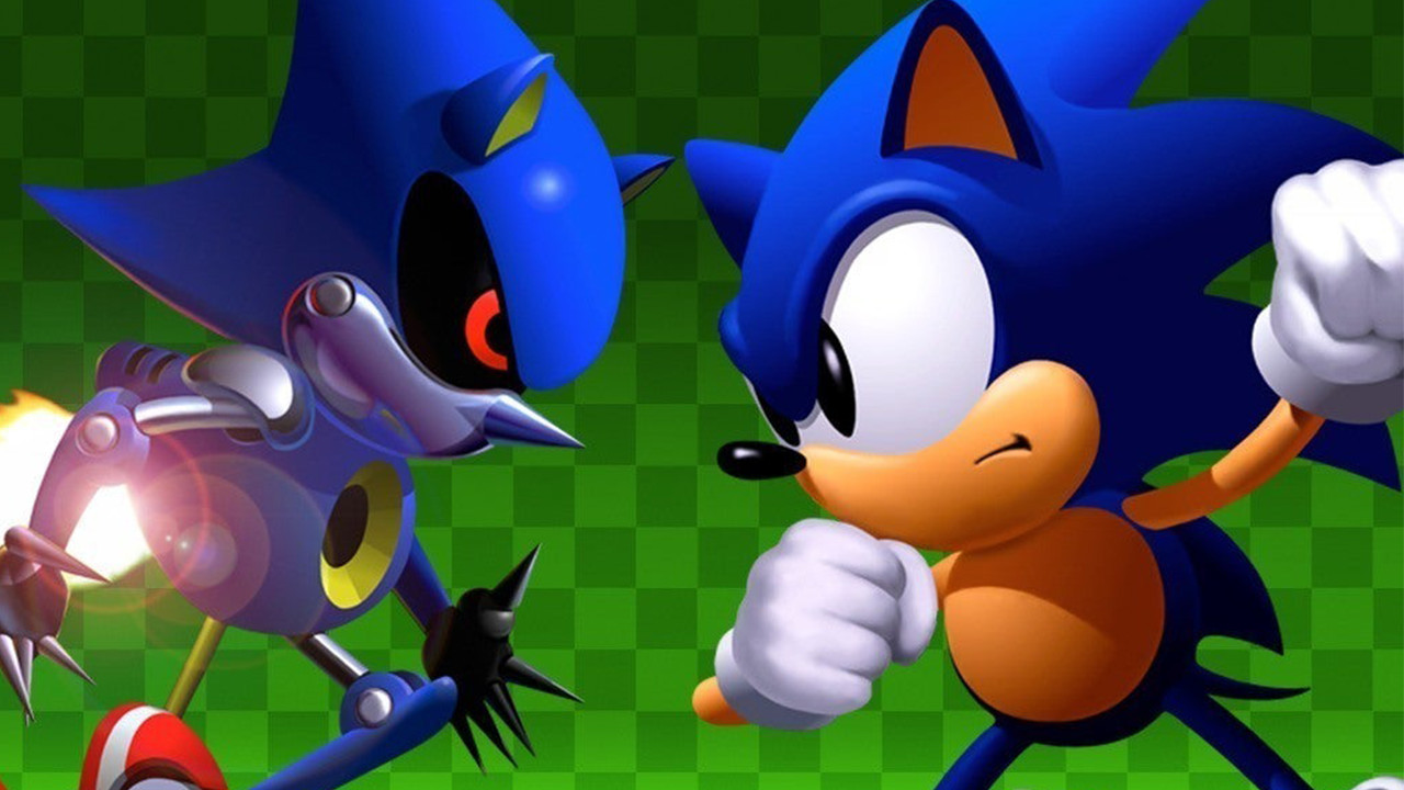 Sonic facing off against a metal Sonic