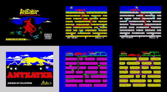 Screenshots from the two 2021 conversions of Anteater for the ZX Spectrum byDEFB Studio (above) and Bubu's (below)