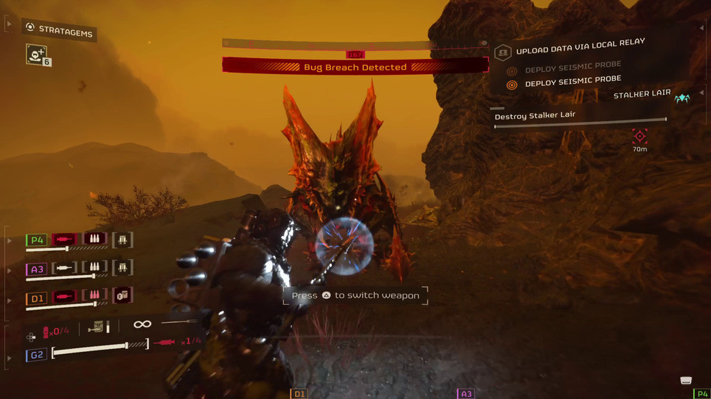 A Helldiver using a stun lance on a Brood Commander, showcasing individual combat capabilities.