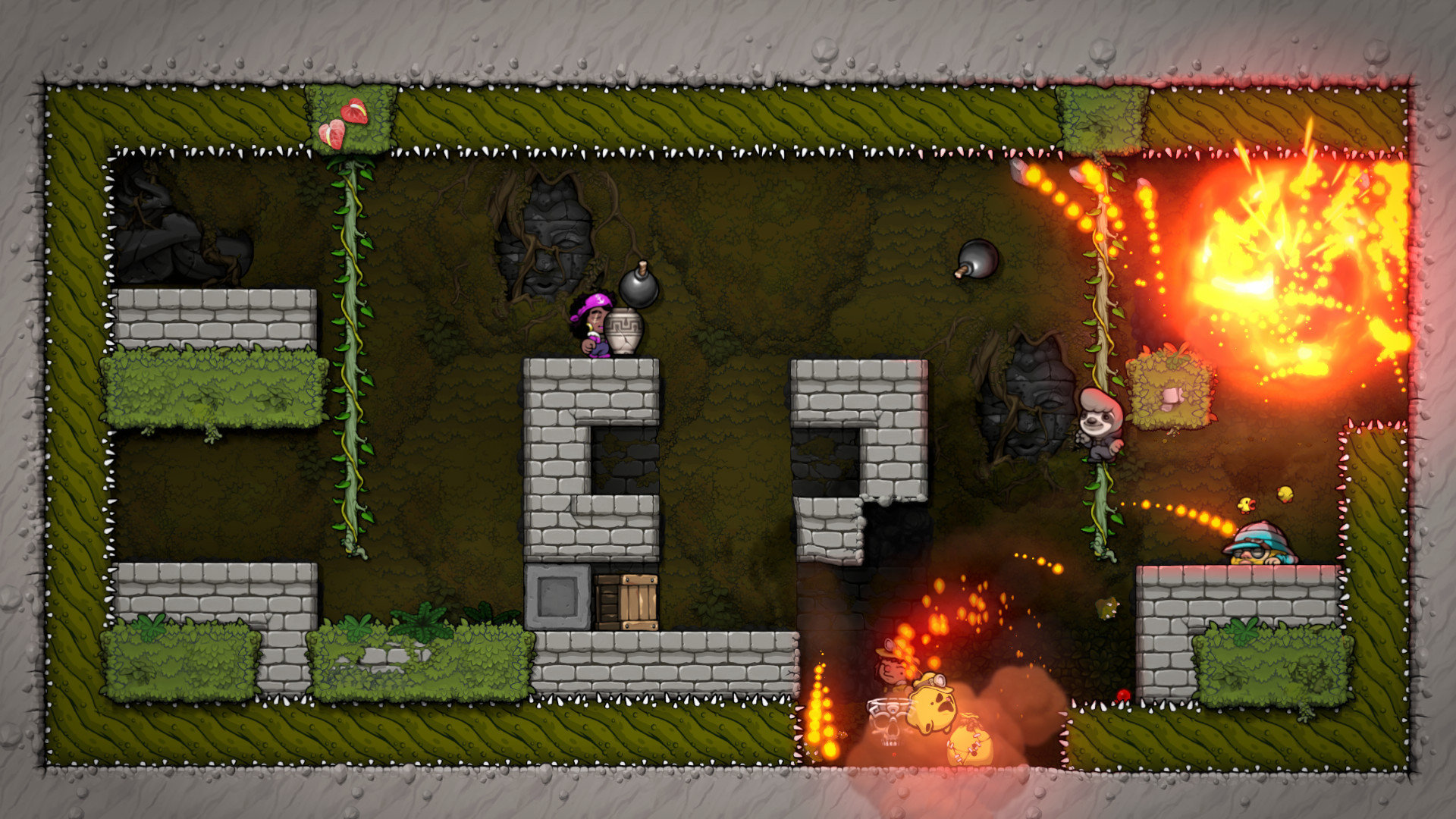 Characters from Spelunky 2 explore a dangerous cave