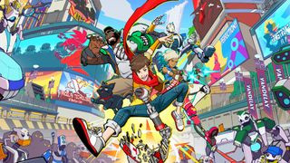 Hi-Fi Rush key art showing main characters jumping over robotic enemies