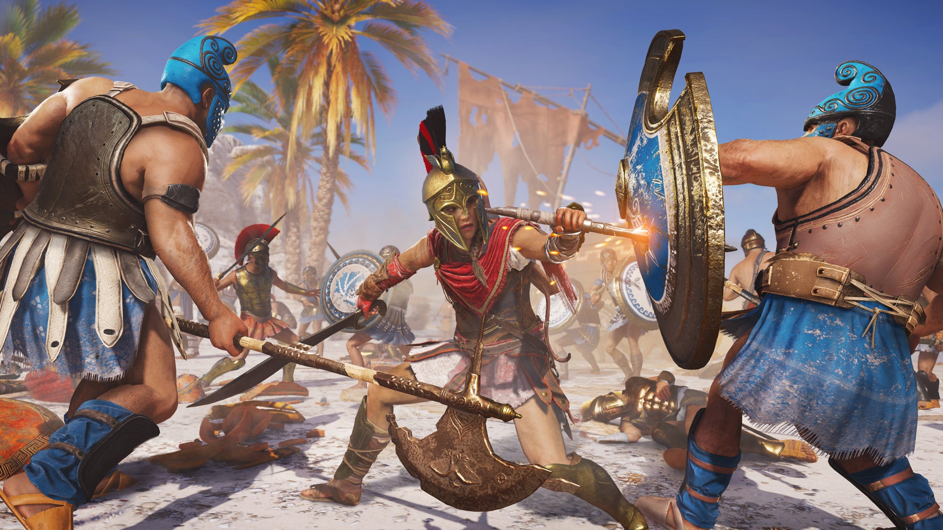 A female Greek warrior fights off foes