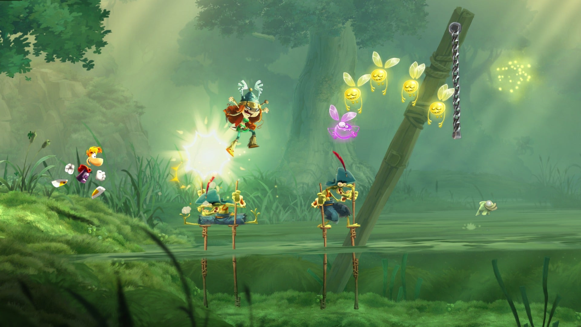 Rayman and a Viking female character cross a body of water with enemies