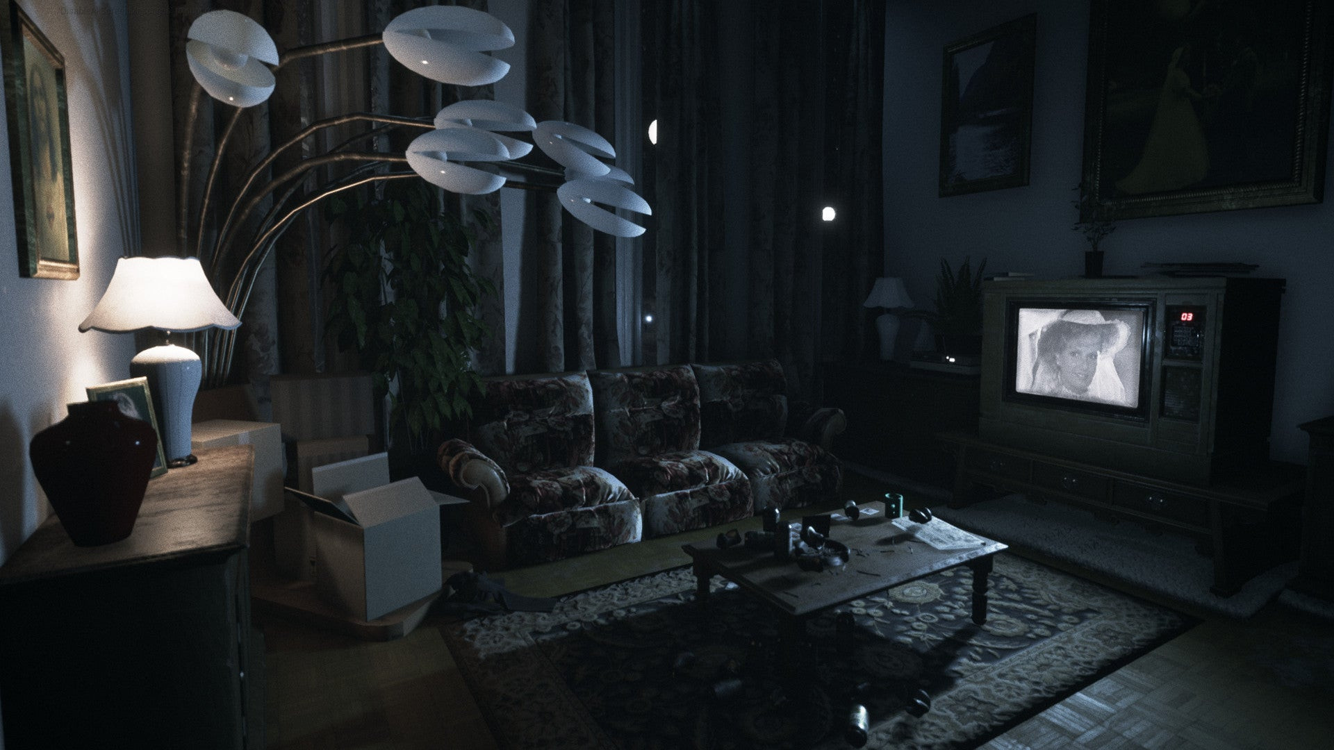 A dimly lit living room with a sofa covered in blood
