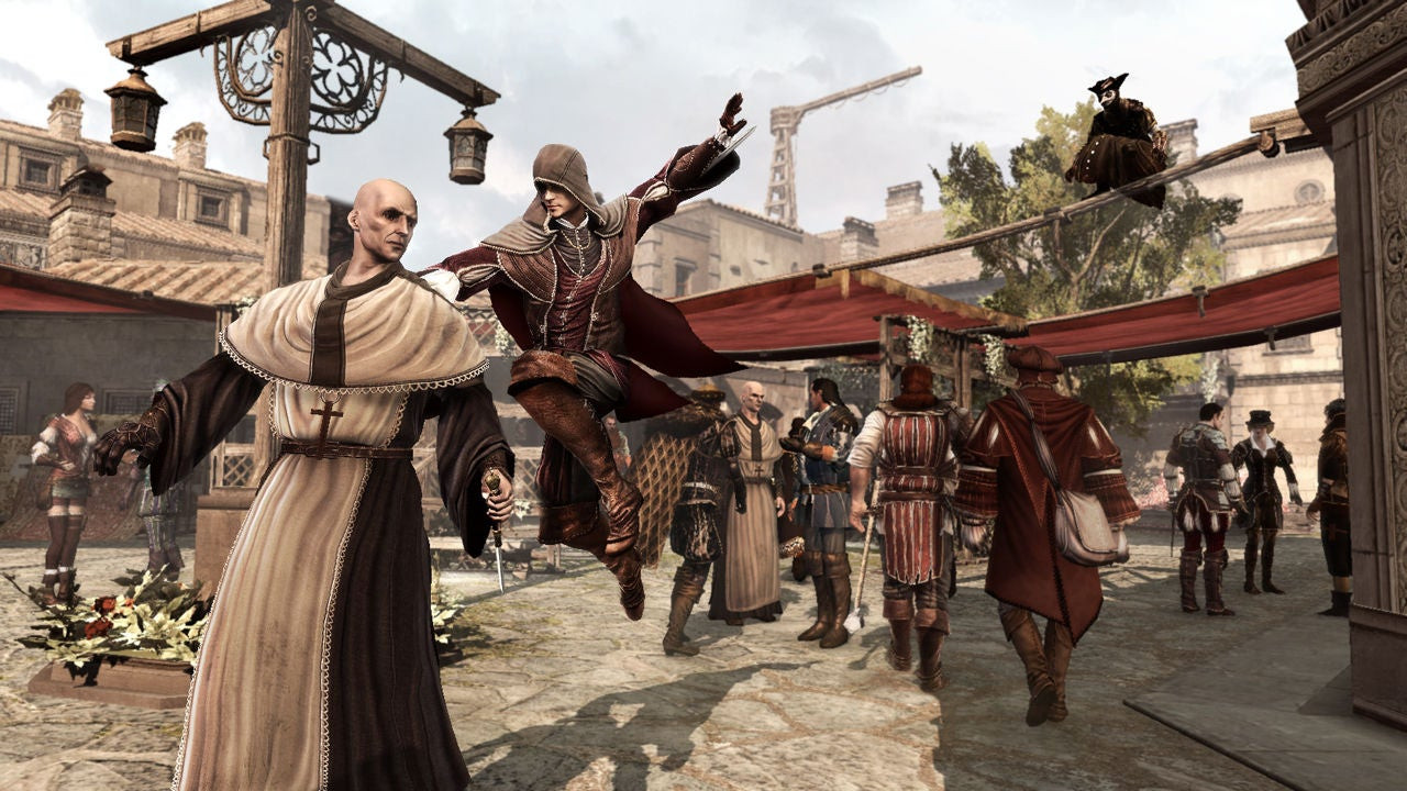 A hooded man with a blade hidden in his sleeve humps on an unsuspecting religious man