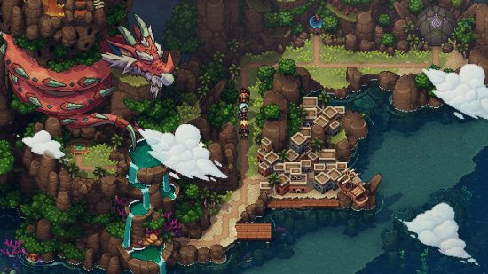 A screenshot of the overworld from Sea of Stars. Stunning sprite art and a captivating story on the Steam Deck