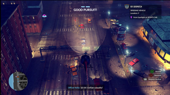 A helicopter flying over a street in The Precinct