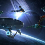 Star Trek Fleet Command: Spaceships of various origins orbit a planet, showcasing the game's diverse fleet options