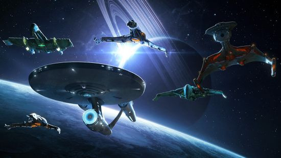 Star Trek Fleet Command: Spaceships of various origins orbit a planet, showcasing the game's diverse fleet options