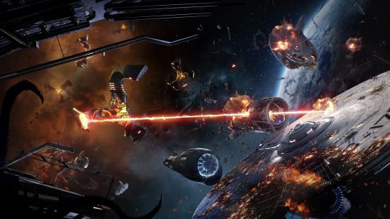 Several spaceships engage in a laser battle in Star Trek Fleet Command, which offers base customization and fleet command.
