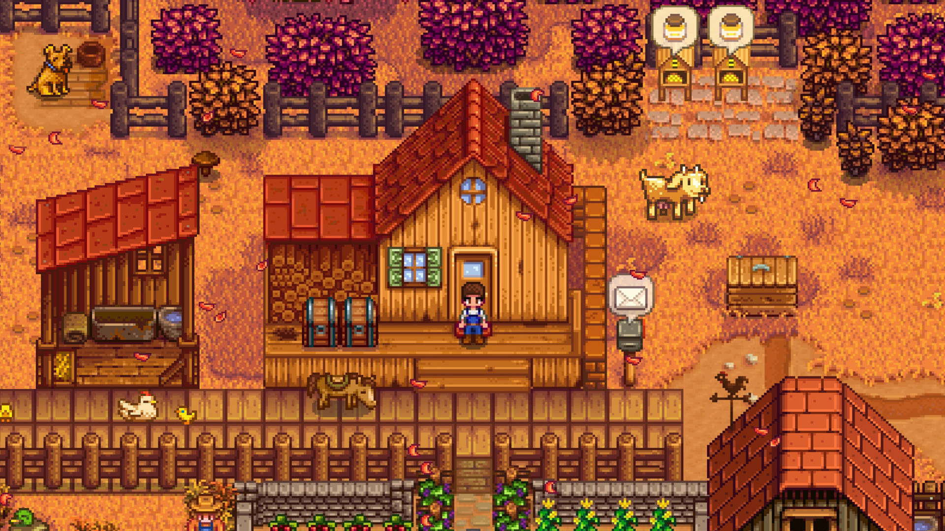 The player character standing in their farm in during the fall season in Stardew Valley. A cozy gaming experience for the Steam Deck