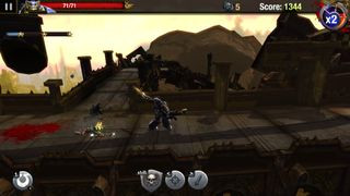 A space marine charges from left to right